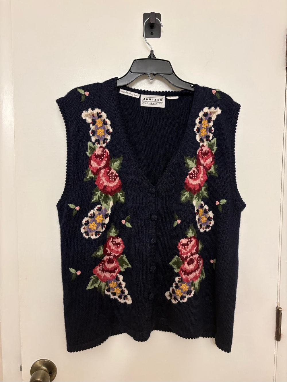 Vtg Jantzen Classics Floral Hand Embroidered Sweater Vest Navy Cottagecore Large